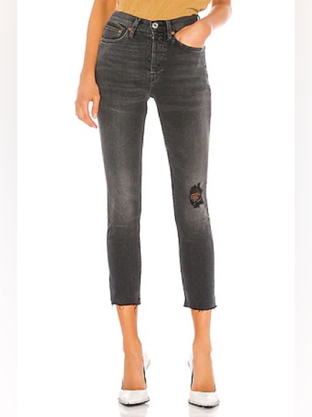 Re/Done 196-3WHRAC High Rise Straight Leg Black Jeans Distressed Size 29